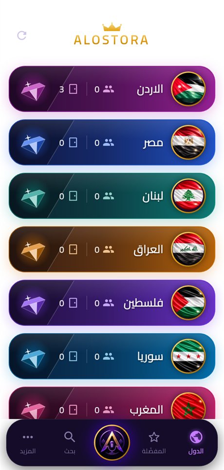 الصفحة الرئيسيّة لتطبيق ALOSTORA — قائمة الدول